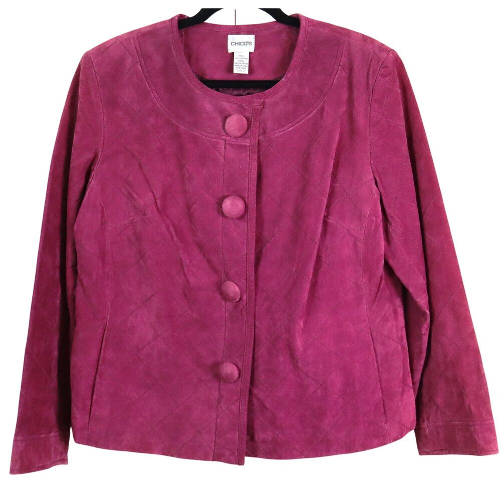 Chicos 2 Quilted Suede Jacket Raspberry Wine No Collar Leather Large EXCELLENT
